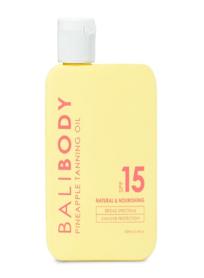 بالي بودي زيت تسمير الجسم بالأنناس من بالي - عامل حماية من الشمس 15 | مُسمّر للجسم لإطلالة ذهبية عميقة مع حماية من الأشعة فوق البنفسجية | غني بمستخلص الأناناس وزيت اللوز | منتج أسترالي نباتي ولم يُختبر على الحيوانات (100 مل/3.4 أونصة سائلة) - Image 1